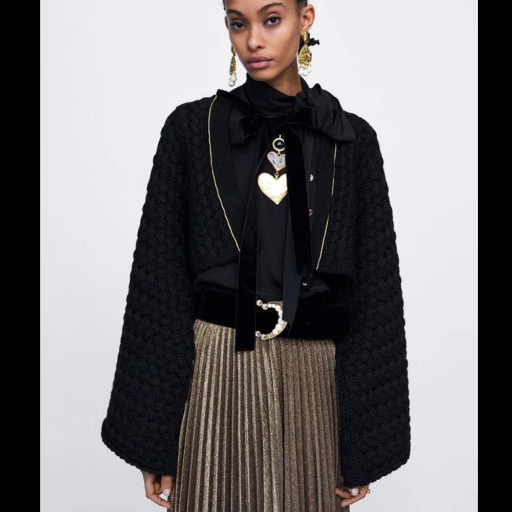 Zara Black Cropped Knit Sweater with Gold Trim